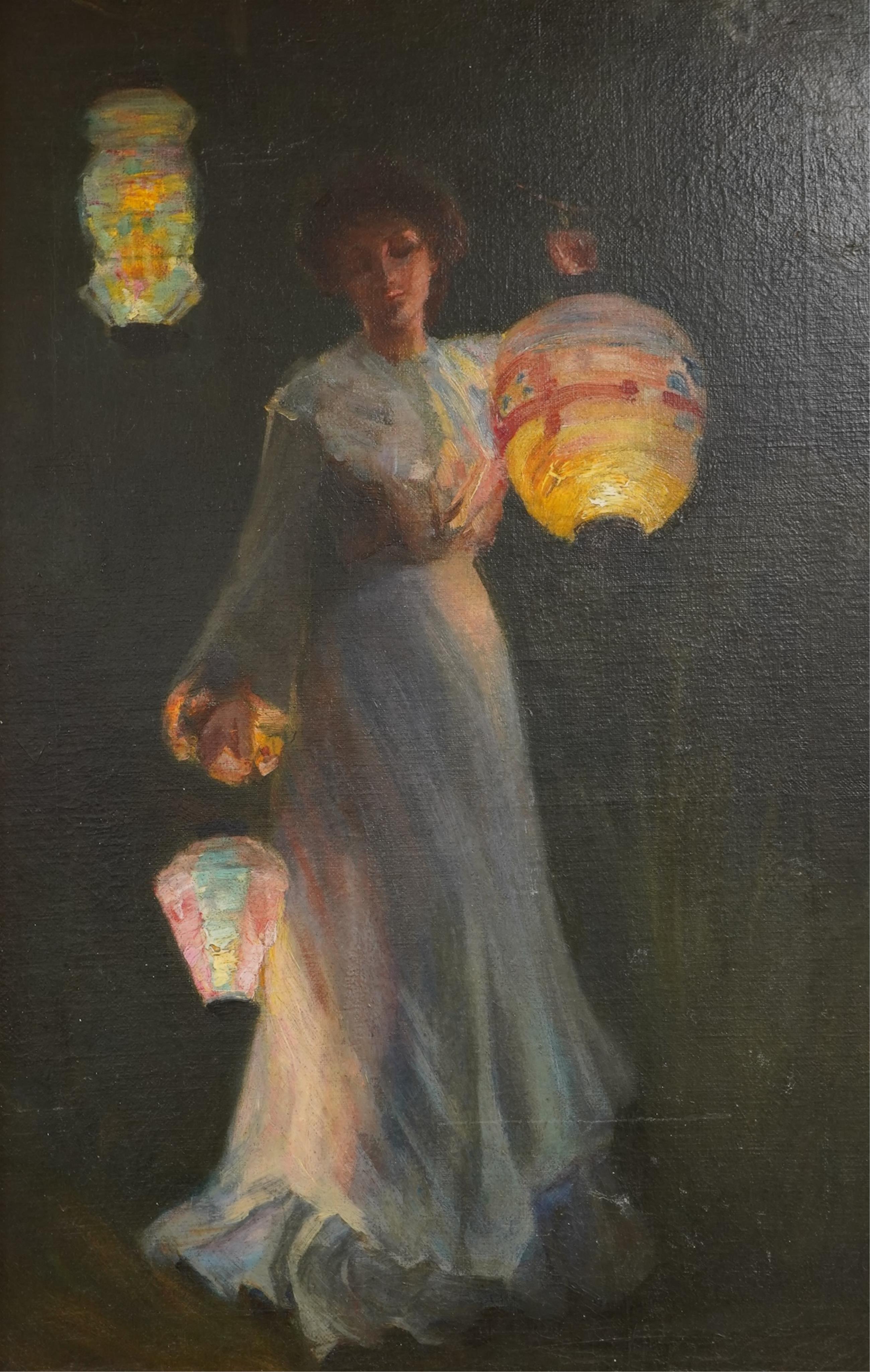 Manner of Thomas Cooper Gotch (1854-1931), Woman holding lanterns, oil on canvas, 44cm x 29cm